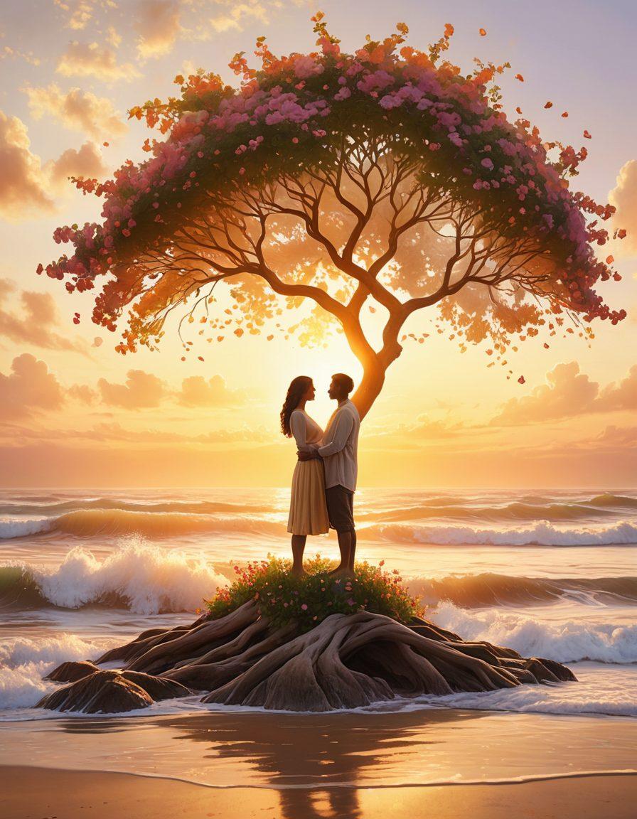 A serene landscape depicting a balanced scale nestled between two intertwined trees, symbolizing love and equality. The scene features a sunrise casting warm golden hues over gentle waves, evoking tranquility and connection. In the foreground, two silhouettes holding hands harmoniously blend with nature, surrounded by blooming flowers representing diversity. ethereal lighting and soft-focus elements. super-realistic. vibrant colors.